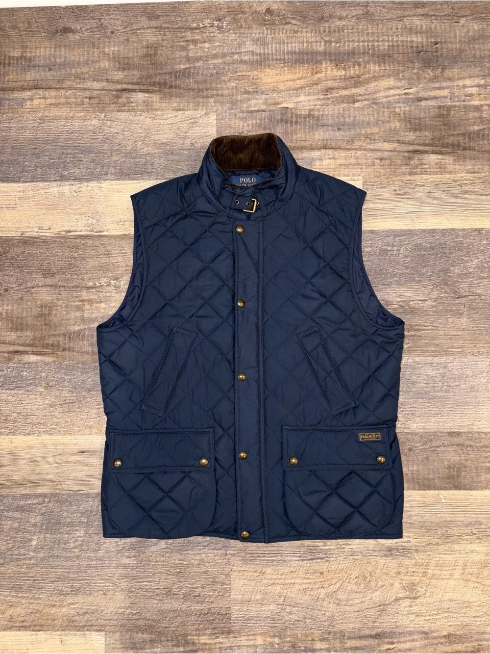 Polo Ralph Lauren Men's Diamond Quilted Vest Navy Blue Corduroy Collar